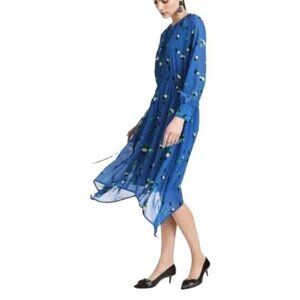 H&M Blue High Low Point Hem Chiffon Dress Abstract Print in Black SZ 8 NEW